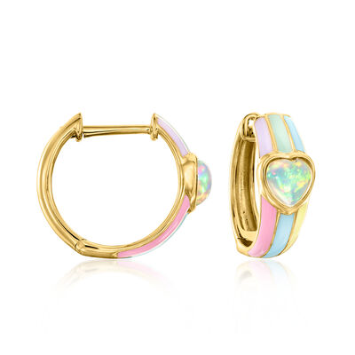 Opal Heart Hoop Earrings with Multicolored Pastel Enamel in 18kt Gold Over Sterling
