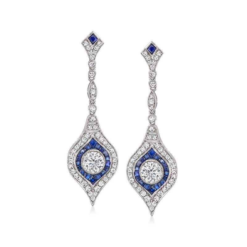 C. 1990 Vintage 1.90 ct. t.w. Diamond and 1.31 ct. t.w. Sapphire Drop Earrings in Platinum image number 0