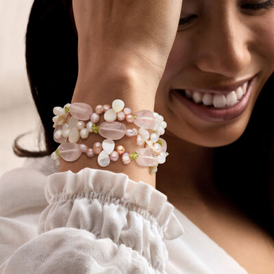5-6mm Cultured Pearl, 100.00 ct. t.w. Rose Quartz and 11.00 ct. t.w. Peridot Bead Jewelry Set: Three Stretch Bracelets