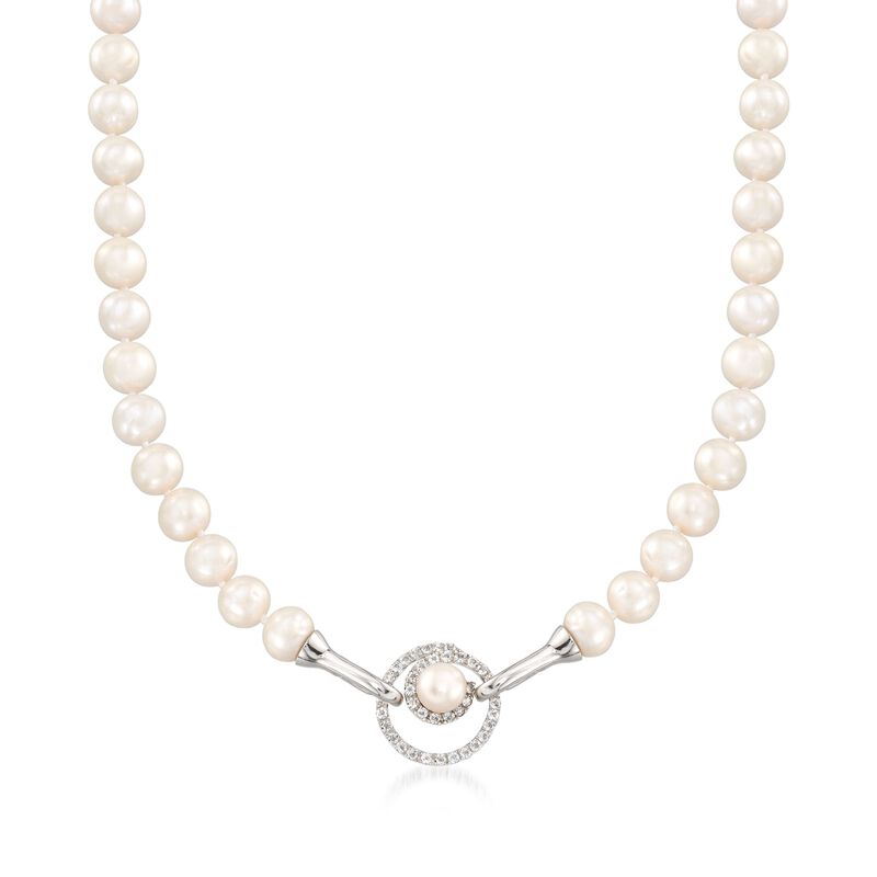 8-8.5mm Cultured Pearl and .40 ct. t.w. White Topaz Open-Space Swirl Adjustable Hook Necklace in Sterling image number 0