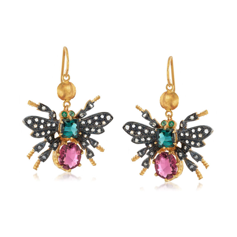 C. 1980 Vintage 3.30 ct. t.w. Multicolored Tourmaline and .30 ct. t.w. Diamond Bee Drop Earrings in Two-Tone Sterling Silver image number 0