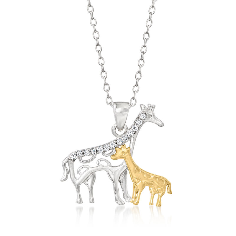 .10 ct. t.w. Diamond Mother Giraffe and Baby Pendant Necklace in Sterling Silver and 18kt Gold Over Sterling. 18&quot; image number 1