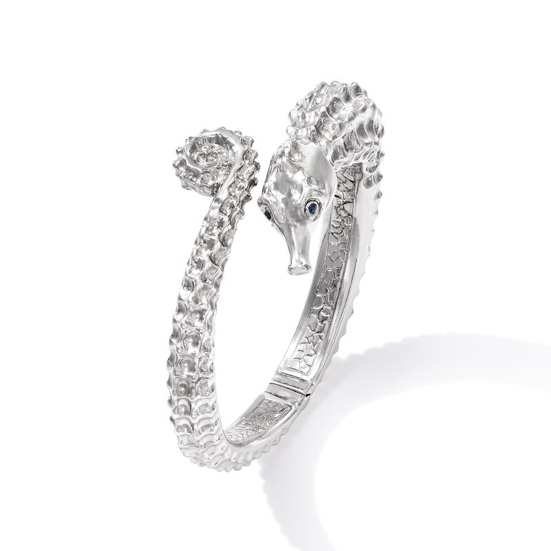 Italian Sterling Silver Seahorse Bypass Bangle Bracelet with Sapphires image number 2