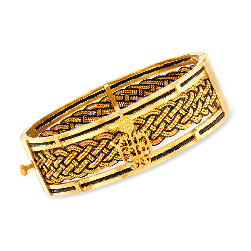 C. 1980 Vintage 18kt Yellow Gold and Black Leather Braided Bangle Bracelet image number 0
