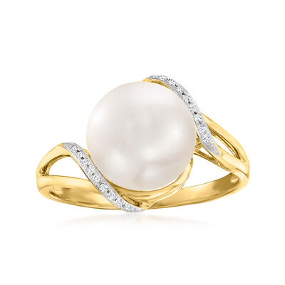 10-10.5mm Cultured Pearl Wave Ring with Diamonds in 14kt Yellow Gold