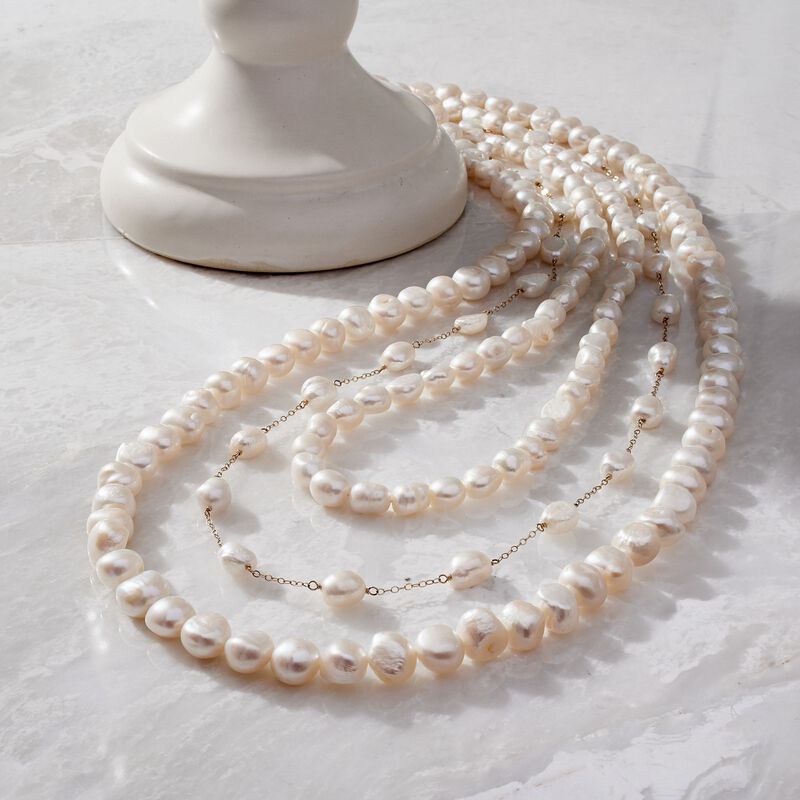 7-10mm Cultured Semi-Baroque Pearl Jewelry Set: Three Endless Necklaces with 14kt Yellow Gold. 24-36&quot; image number 6