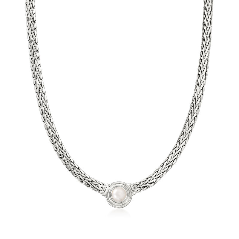 8mm Cultured Pearl Flat Wheat-Chain Necklace in Sterling Silver image number 0