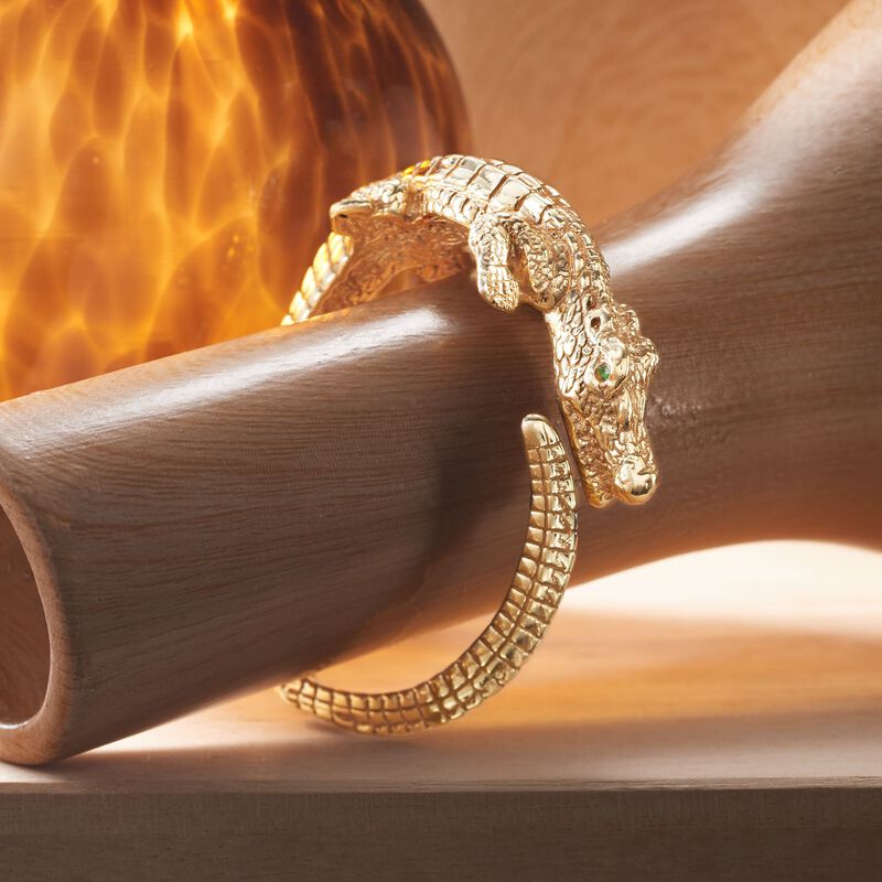 Italian 18kt Gold Over Sterling Alligator Bypass Bangle Bracelet with Emerald Accents image number 4