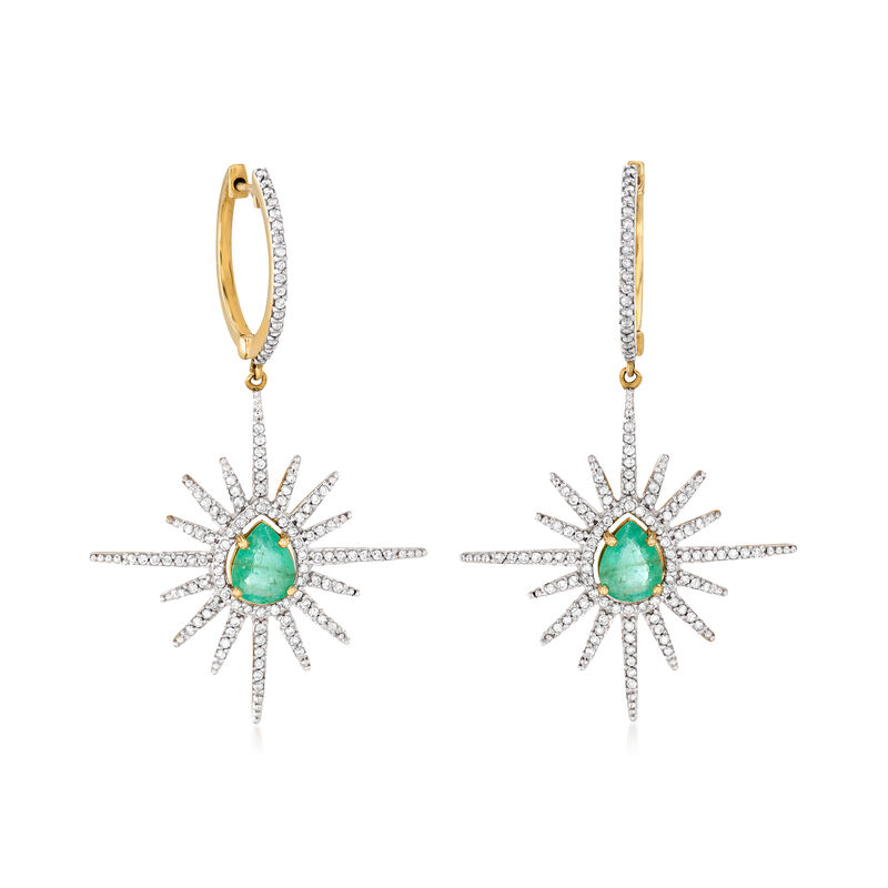 2.00 ct. t.w. Emerald and 1.05 ct. t.w. Diamond Starburst Drop Earrings in 14kt Yellow Gold image number 0