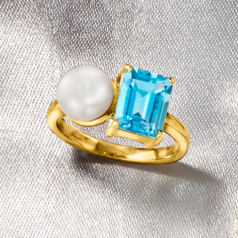 7.5-8mm Cultured Pearl and 2.90 Carat Swiss Blue Topaz Toi et Moi Ring in 18kt Gold Over Sterling image number 3