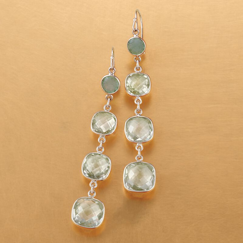 16.50 ct. t.w. Green Amethyst and 6mm Emerald Drop Earrings in Sterling Silver image number 2