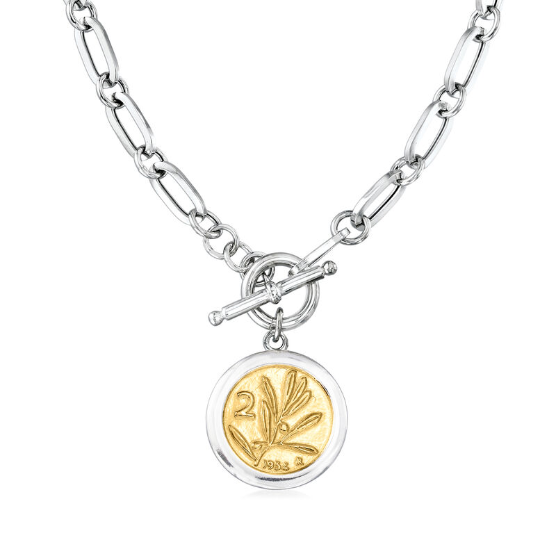 Italian Sterling Silver and 18kt Gold Over Sterling Replica Bumblebee Lira Coin Paper Clip Link Toggle Necklace image number 2