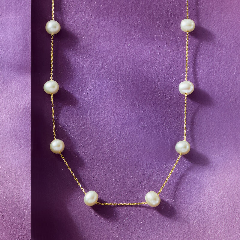 5-5.5mm Cultured Pearl Station Necklace in 14kt Yellow Gold image number 4
