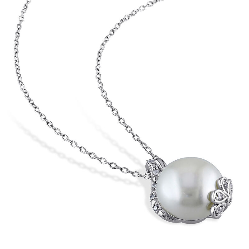 12.5-13mm Cultured Button Pearl and .10 ct. t.w. Diamond Pendant Necklace in Sterling Silver. 18&quot; image number 2