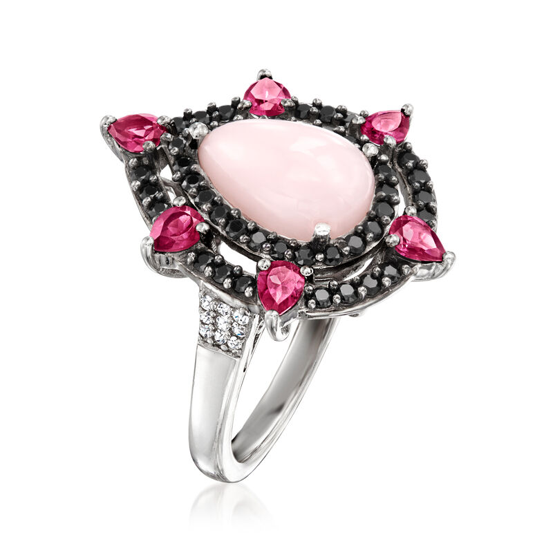 Pink Opal, .80 ct. t.w. Rhodolite Garnet and .70 ct. t.w. Black Spinel Ring with .10 ct. t.w. White Zircon in Sterling Silver image number 2