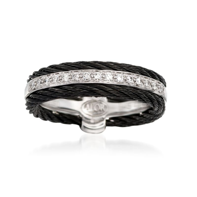 ALOR &quot;Noir&quot; .12 ct. t.w. Diamond Black Cable Ring with 18kt White Gold. Size 7 image number 0