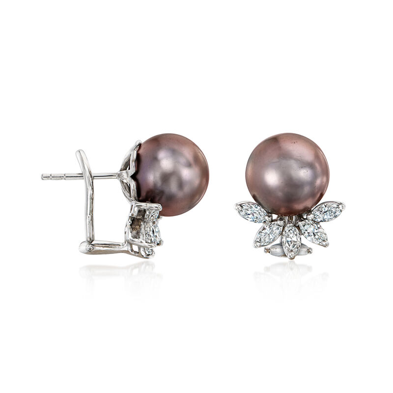 C. 1980 Vintage Black Cultured South Sea Pearl Earrings with 1.20 ct. t.w. Diamonds in 18kt White Gold  image number 2