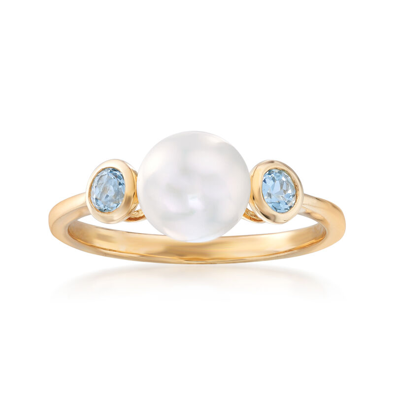 7-7.5mm Cultured Pearl and .20 ct. t.w. Blue Topaz Ring in 14kt Yellow Gold image number 0