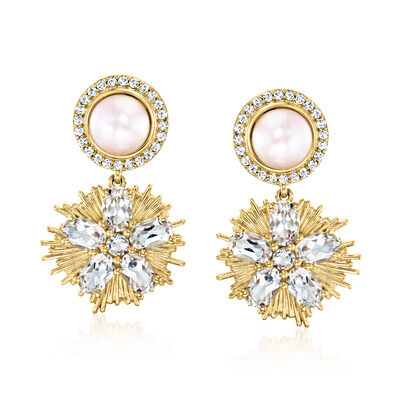 7.5-8mm Cultured Pearl and 7.50 ct. t.w. White Topaz Drop Earrings in 18kt Gold Over Sterling
