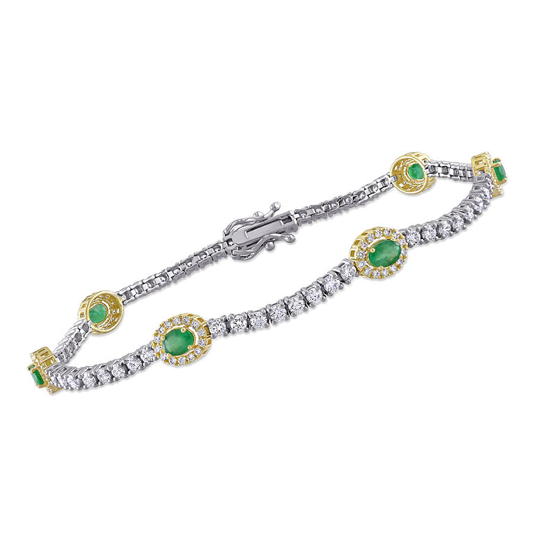 6.00 ct. t.w. Emerald and 2.03 ct. t.w. Diamond Station Tennis Bracelet in 14kt Two-Tone Gold. 7&quot; image number 0