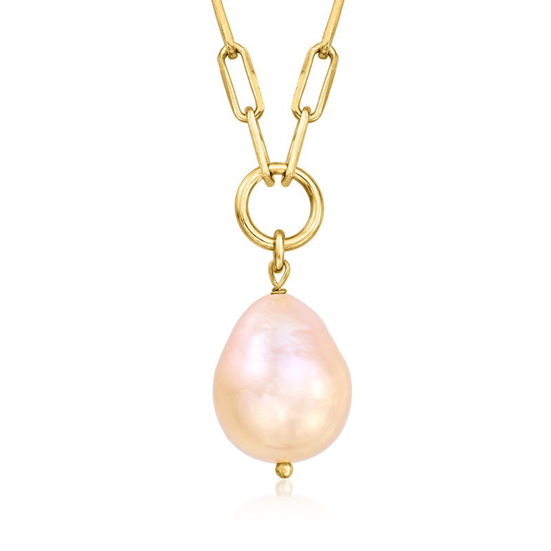 Italian 10-11mm Peach Cultured Baroque Pearl Paper Clip Link Necklace in 18kt Gold Over Sterling. 18&quot; image number 1