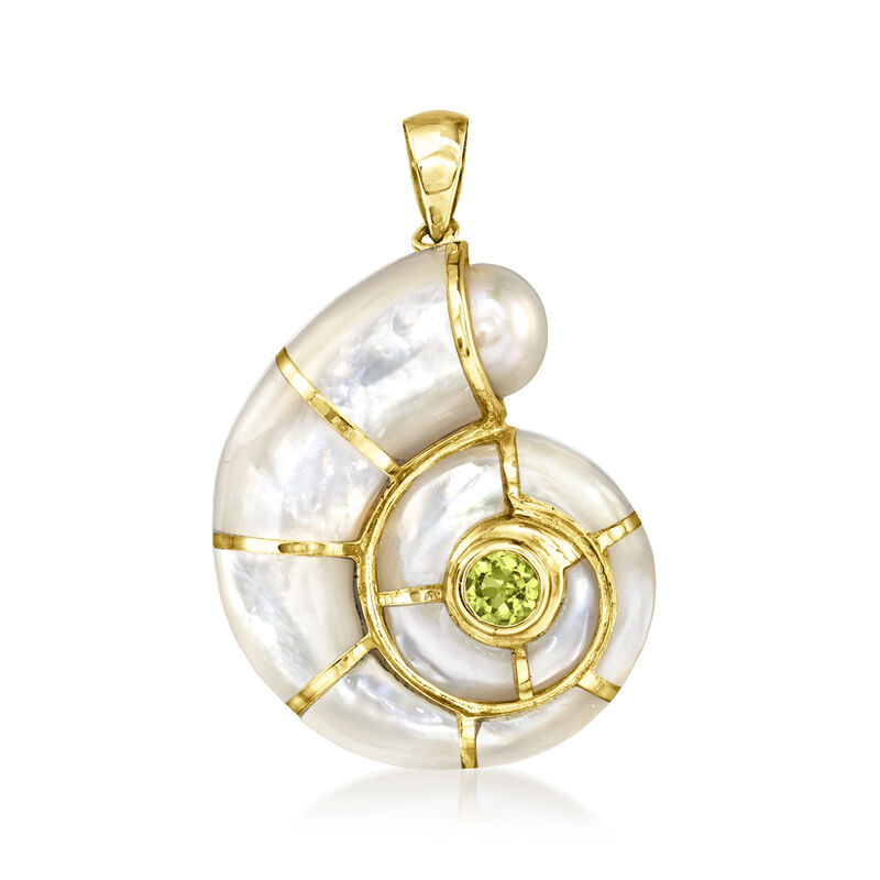 Mother-of-Pearl, 7-7.5mm Cultured Pearl and .30 Carat Peridot Shell Pendant in 14kt Yellow Gold  image number 0