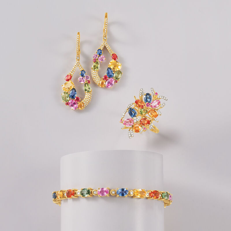 11.50 ct. t.w. Multicolored Sapphire and .42 ct. t.w. Diamond Bracelet in 14kt Yellow Gold image number 3