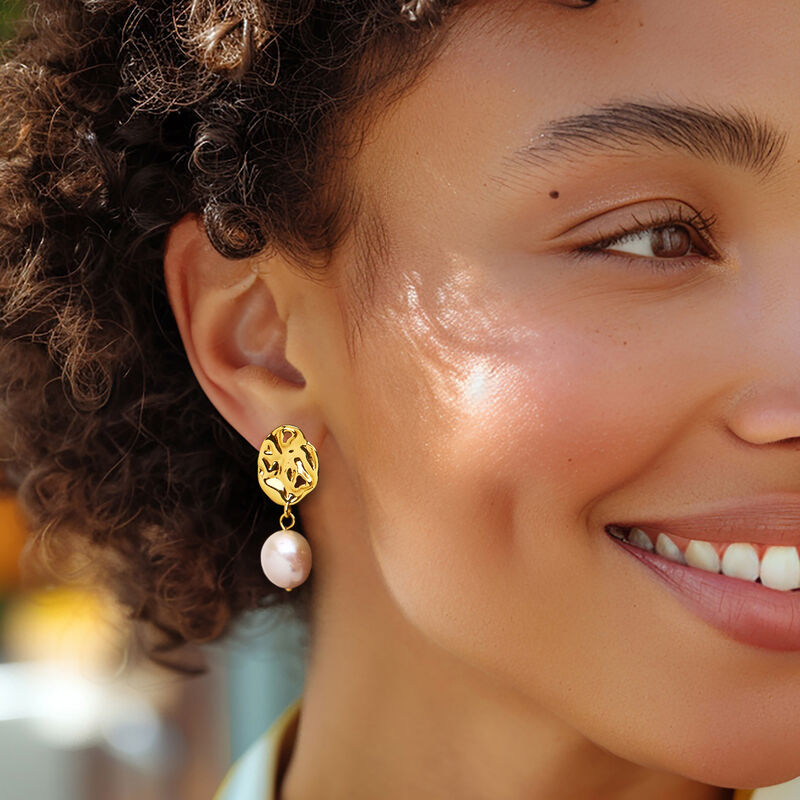 11-11.5mm Cultured Baroque Pearl Hammered Drop Earrings in 18kt Gold Over Sterling image number 1