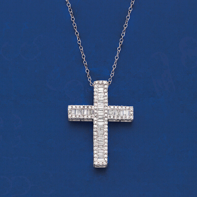 1.00 ct. t.w. Baguette and Round Diamond Cross Pendant Necklace in Sterling Silver image number 2