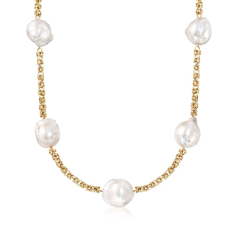 14-16mm Cultured Baroque Pearl and 14kt Yellow Gold Byzantine Station Necklace image number 0