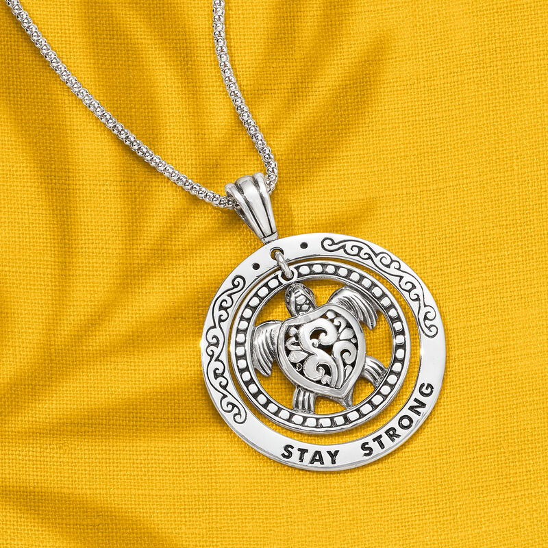 Sterling Silver Bali-Style Turtle &quot;Stay Strong&quot; Pendant Necklace. 18&quot; image number 4