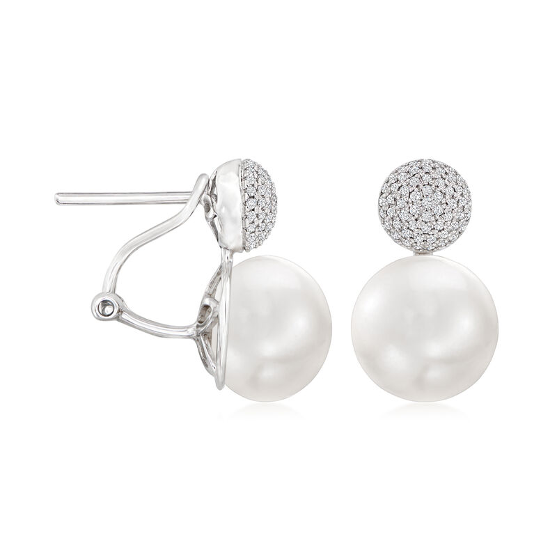 11.5-12mm Cultured Pearl and .34 ct. t.w. Pave Diamond Earrings in 14kt White Gold  image number 2