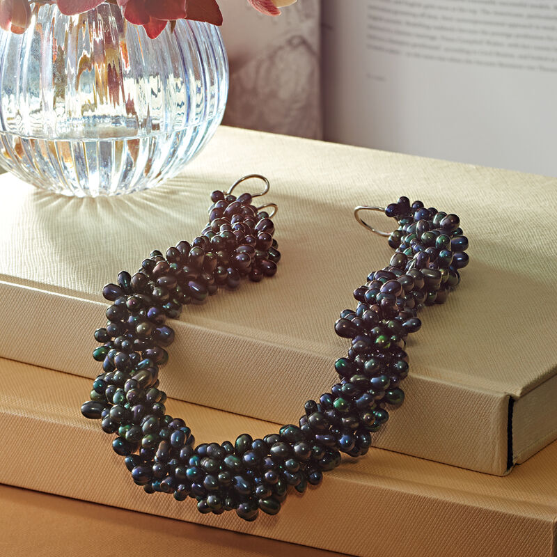 5-6mm Black Cultured Pearl Torsade Necklace with Sterling Silver image number 4