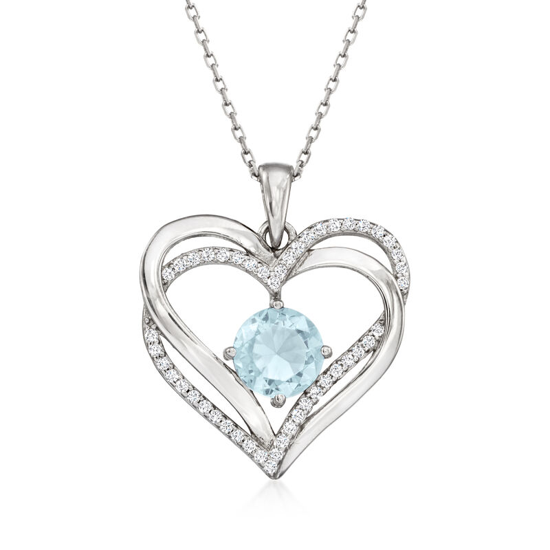 March/Simulated Aquamarine - Birthstone Heart Pendant Necklace with CZs in Sterling Silver. 20" image number 0