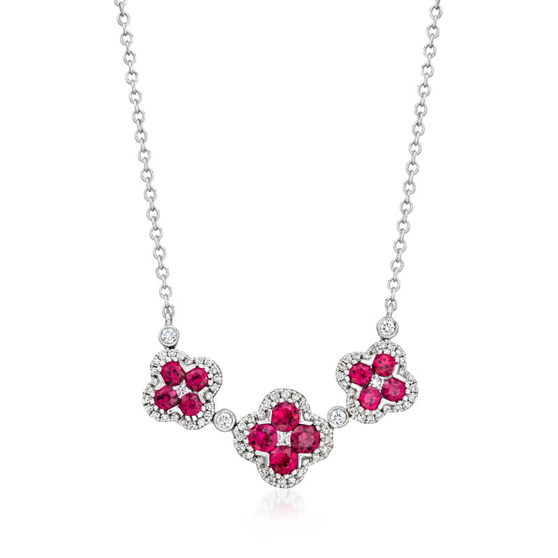 C. 1990 Vintage 1.40 ct. t.w. Ruby and .55 ct. t.w. Diamond Clover Necklace in 18kt White Gold. 16" image number 0