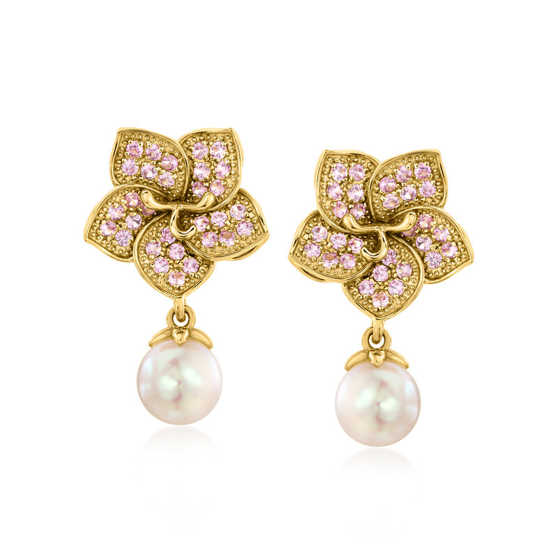 7-7.5mm Cultured Pearl and .90 ct. t.w. Pink Sapphire Flower Drop Earrings in 18kt Gold Over Sterling  image number 0