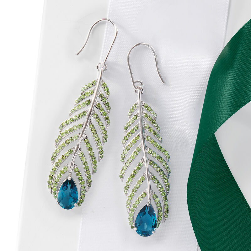 5.50 ct. t.w. London Blue Topaz and 3.30 ct. t.w. Green Tourmaline Feather Earrings in Sterling Silver. Earwire Earrings image number 3
