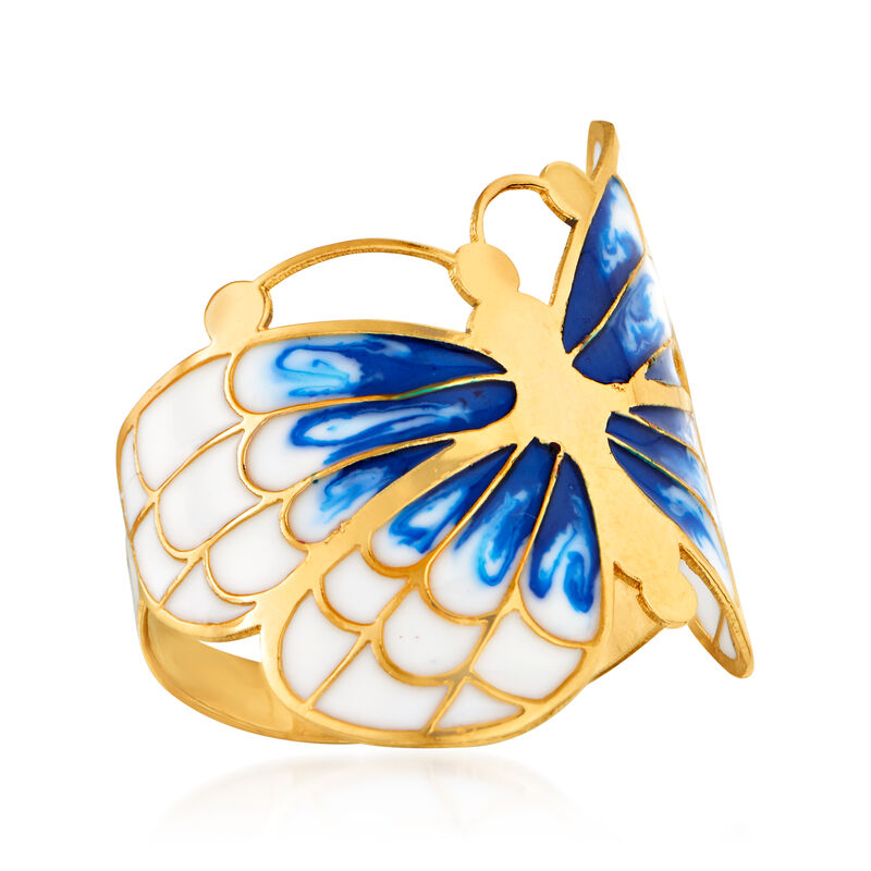 Italian Blue and White Enamel Butterfly Ring in 14kt Yellow Gold image number 3