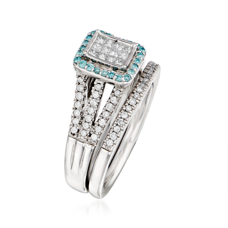 C. 1990 Vintage .70 ct. t.w. Blue and White Diamond Bridal Set: Engagement and Wedding Rings in 10kt White Gold. Size 6.5 image number 2