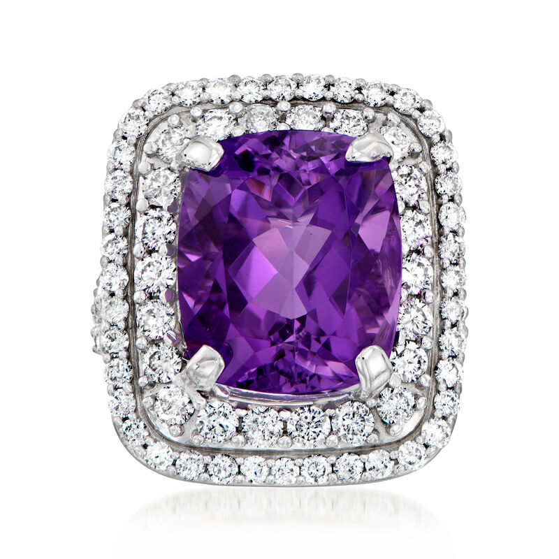 C. 1990 Vintage 10.50 Carat Amethyst and 2.40 ct. t.w. Diamond Cocktail Ring in 14kt White Gold. Size 7 image number 0