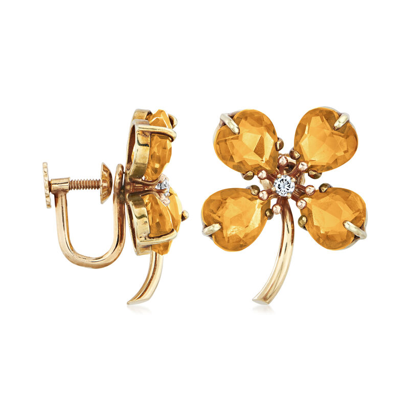 C. 1940 Vintage 12.00 ct. t.w. Citrine and .16 ct. t.w. Diamond Flower Earrings in 14kt Yellow Gold image number 2