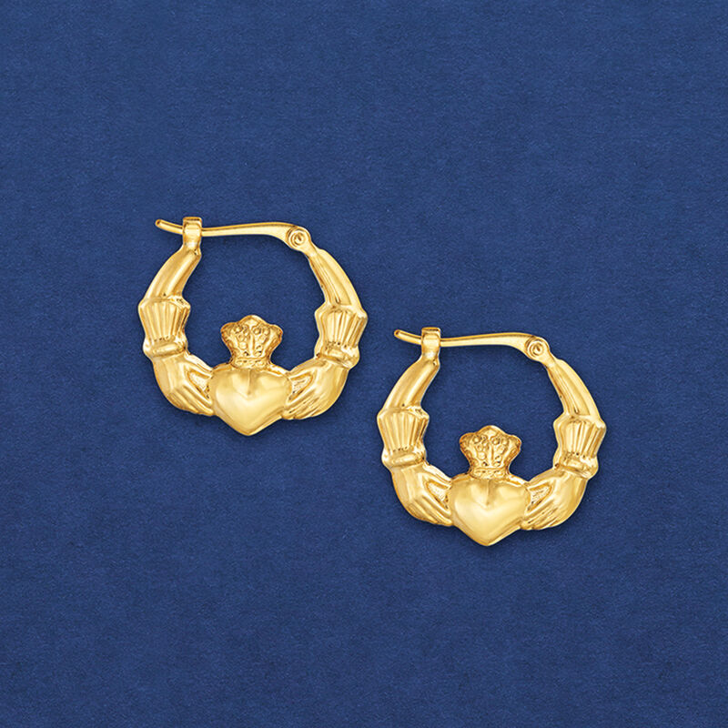 14kt Yellow Gold Claddagh Hoop Earrings. 5/8&quot; image number 3