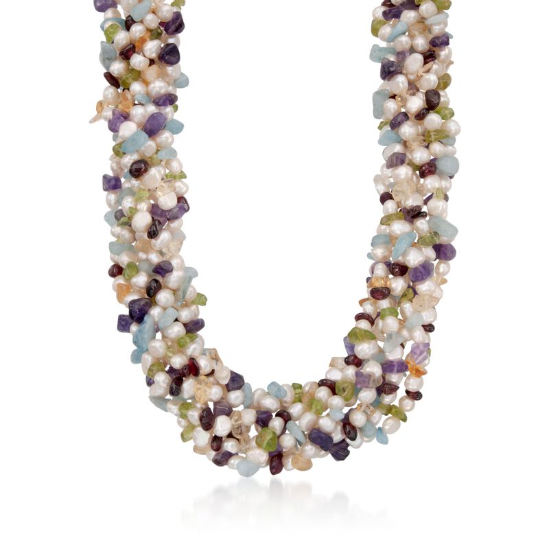 Multi-Stone and Cultured Pearl Torsade Necklace with Sterling Silver. 18" image number 1