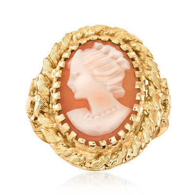 C. 1980 Vintage Brown Shell Cameo Ring in 14kt Yellow Gold