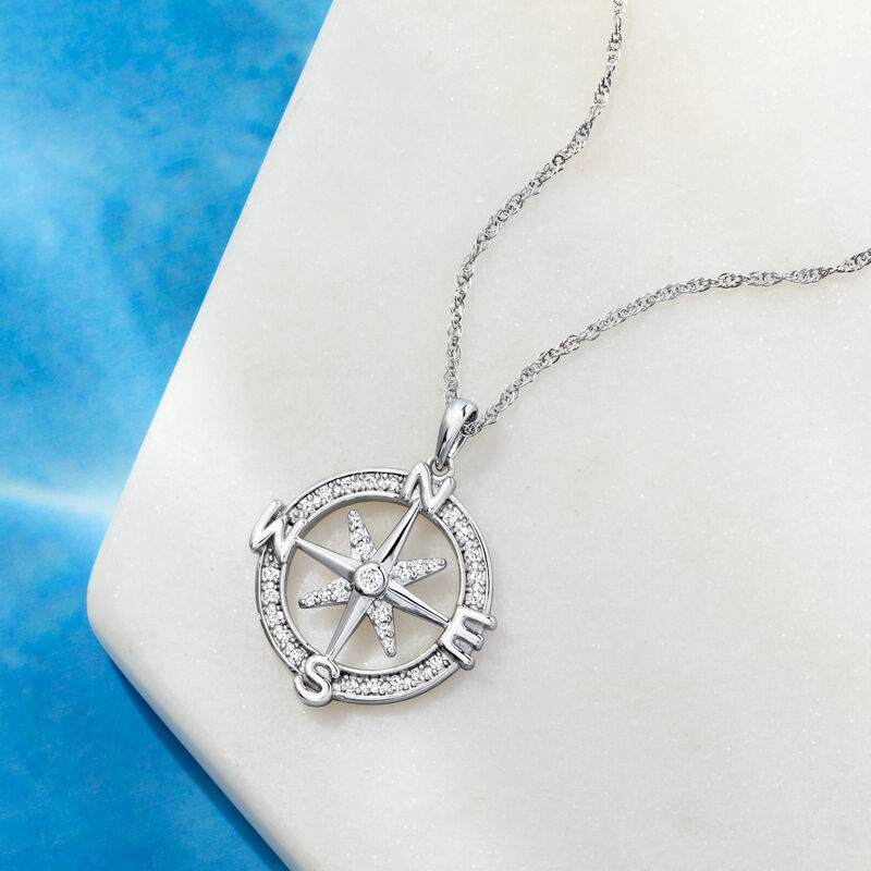 .20 ct. t.w. Diamond Compass Pendant Necklace in Sterling Silver. 18&quot; image number 2
