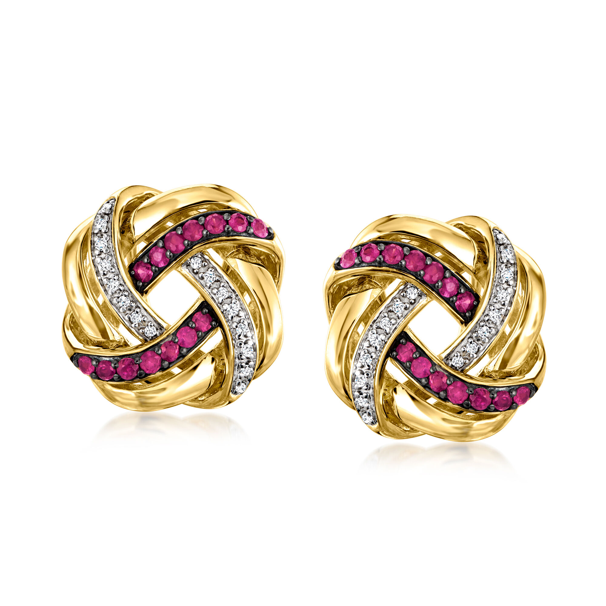 Ross Simons .4 CTW Ruby .1 CTW Diamond Love Knot Earrings in 18kt Yellow Gold Over