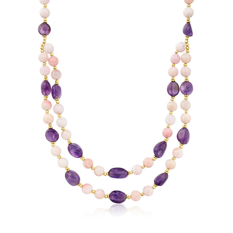 Pink Opal and 85.00 ct. t.w. Amethyst Bead Necklace with 18kt Gold Over Sterling. 18&quot; image number 1