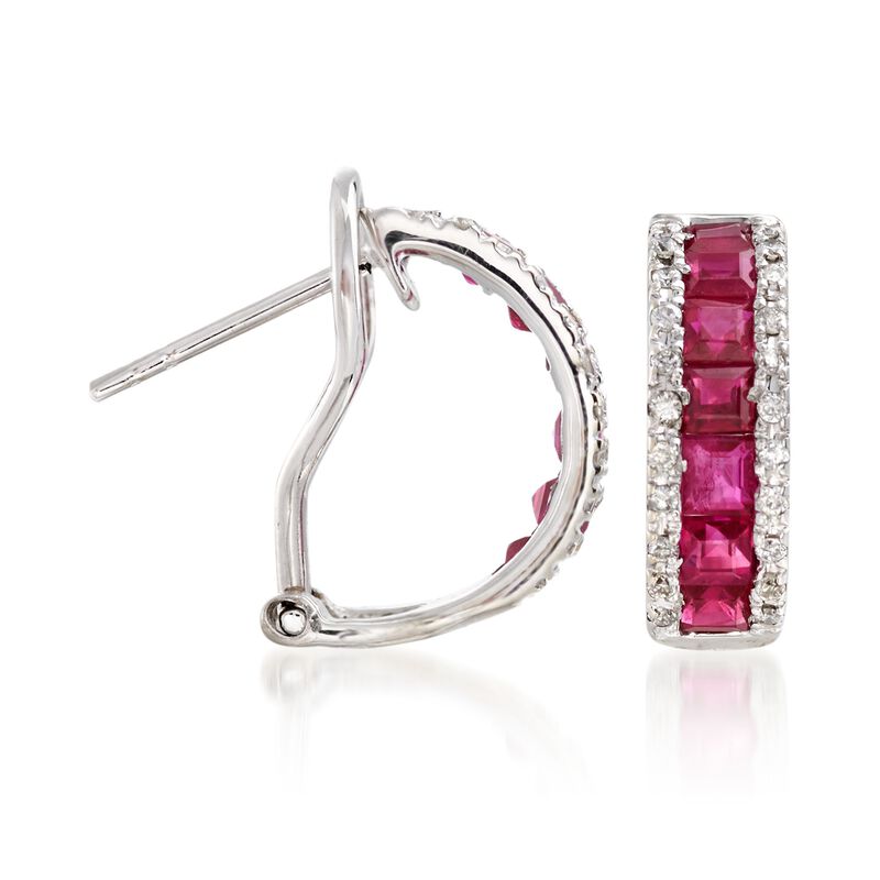 1.50 ct. t.w. Ruby and .30 ct. t.w. Diamond Huggie Hoop Earrings in 14kt White Gold. 1/2&quot; image number 2