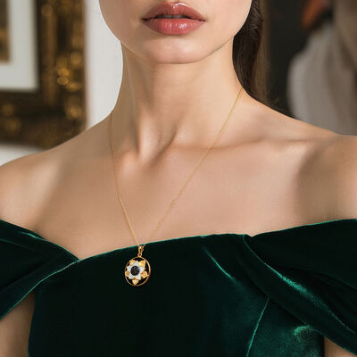 Onyx, Mother-of-Pearl and .40 ct. t.w. Black Spinel Flower Pendant Necklace in 18kt Gold Over Sterling