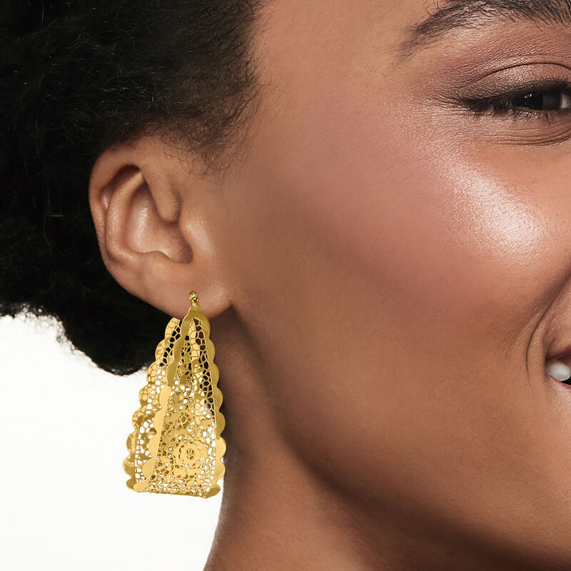 Italian 14kt Yellow Gold Floral Lace U-Shaped Hoop Earrings. 2&quot; image number 1